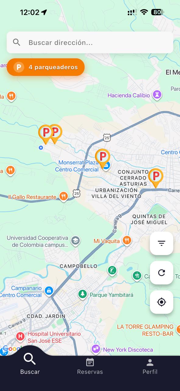 Parqueate App - Mapa de parqueaderos